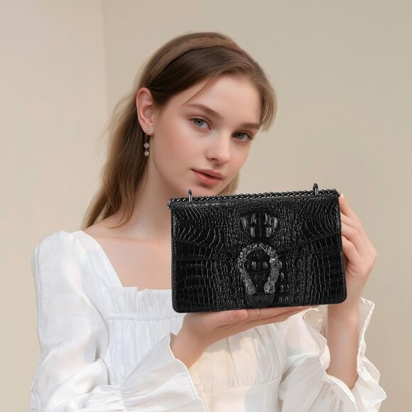 ⚡ Women's Crocodile Black Snake Leather Print Casual Satchel Crossbody Handbag - Picture 2 of 7